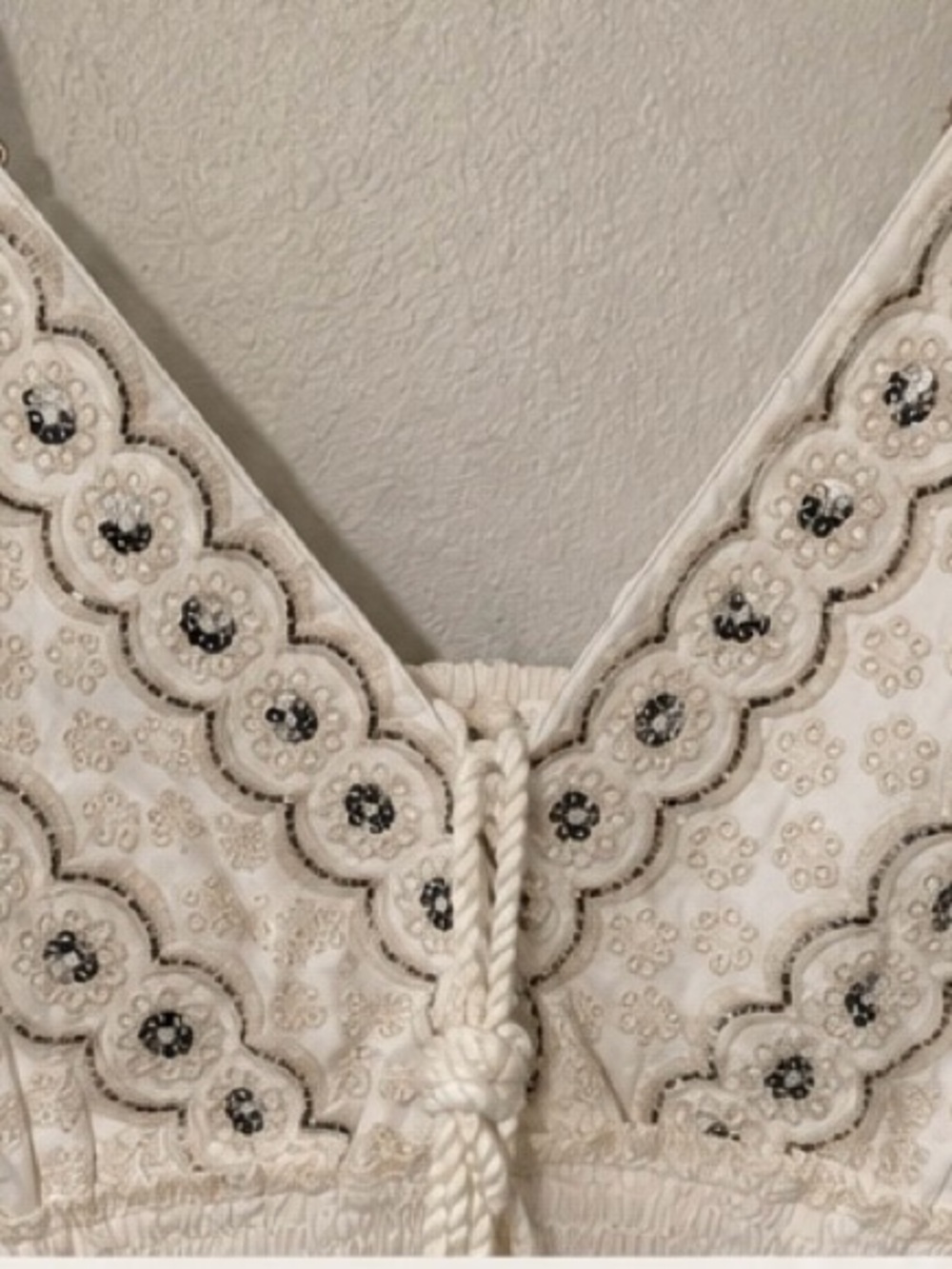 POL Cream Eyelet and Embellshed Mini Dress with Adjustable Spaghetti Straps - Picture 4 of 11